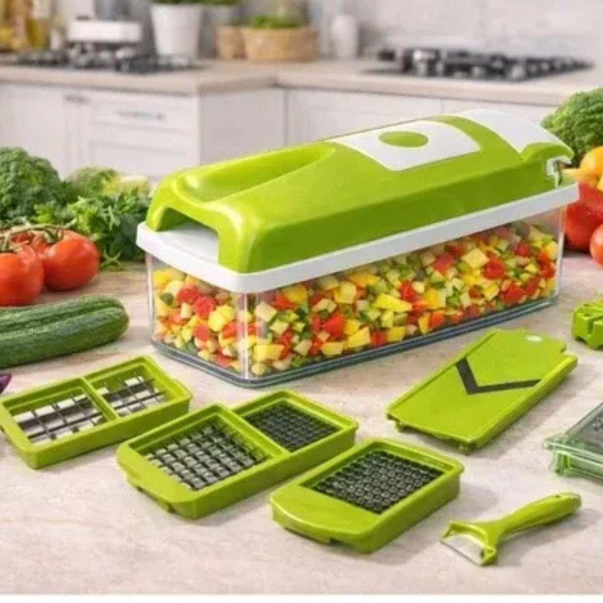 12-in-1 Multi-Purpose Vegetable & Fruit Chopper – Manual Food Cutter with Storage Container