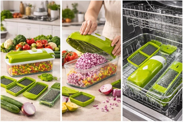 12-in-1 Multi-Purpose Vegetable & Fruit Chopper – Manual Food Cutter with Storage Container