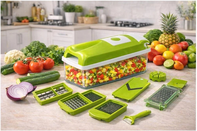 12-in-1 Multi-Purpose Vegetable & Fruit Chopper – Manual Food Cutter with Storage Container
