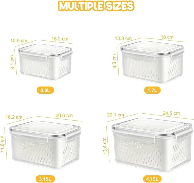 Refrigerator Storage Containers with Airtight Lids – Pack of 4 | Fridge Organizer Boxes for Fruits & Vegetables